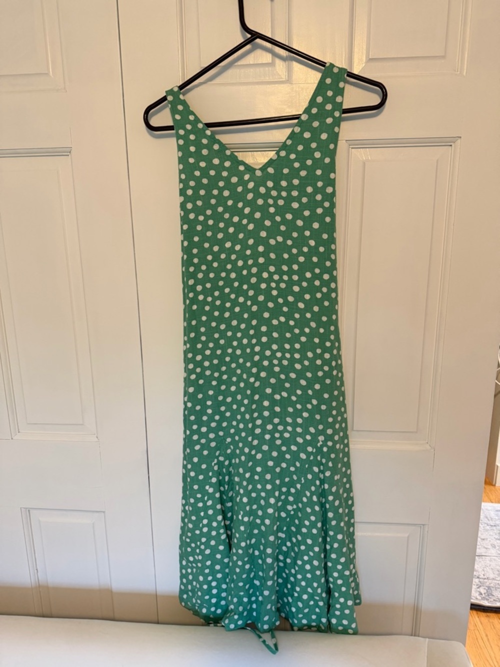 LOFT Linen Blend Midi Dress Petite Small Green Polka Dot Sleeveless Tie Waist - Picture 3 of 7